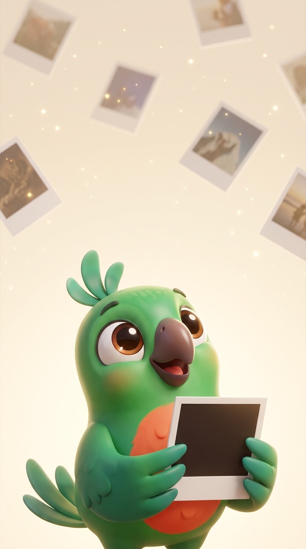 Polly the parrot holding a developing instant photo